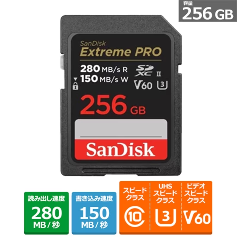 （サンディスク）Sandisk Extremepro SDXC　UHS-Ⅱカード（エクストリーム プロ）SDSDXEP-256G-JNJIP　容量：256GB