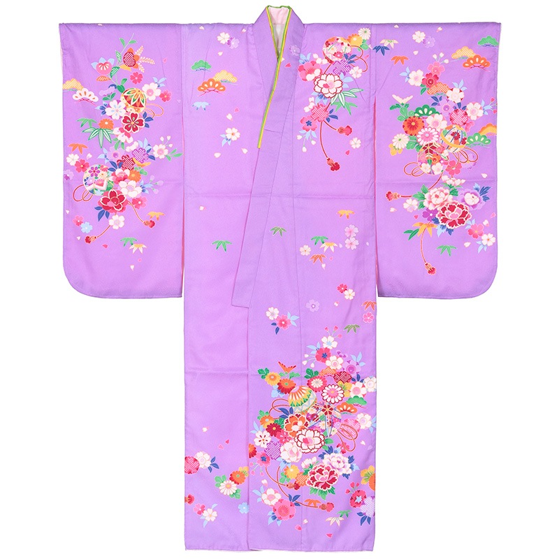 （加藤）KATO 251-2119  ジュニア女の子着物 紫 鞠と八重桜 10才 襦袢付