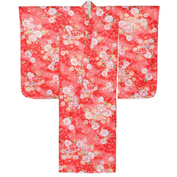 （加藤）KATO 424-8005  女の子七才着物  ポリ 小紋 赤 鞠に桜