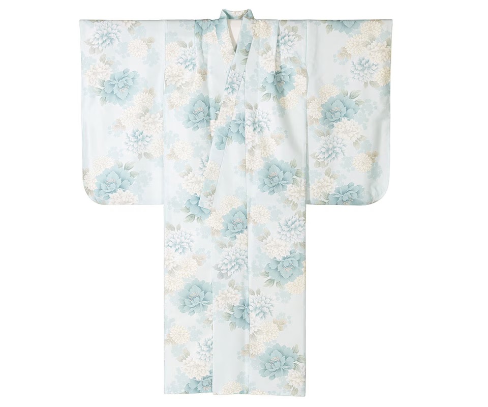 （加藤商店）KATO 251-5053 ジュニア女の子着物 小紋 水色 牡丹とダリア 13才