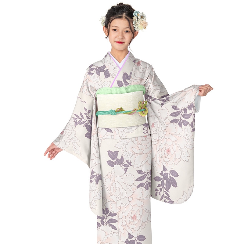 (加藤商店）KATO 251-3010  ジュニア女の子着物 小紋 クリーム 芍薬  10才